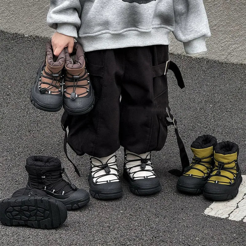 Toggle-Lace Kids Winter Boots with Padded Collars and Chunky Tread Soles, Boys and Girls Snow-Style Ankle Shoes in Four Colors, Sizes 26-37