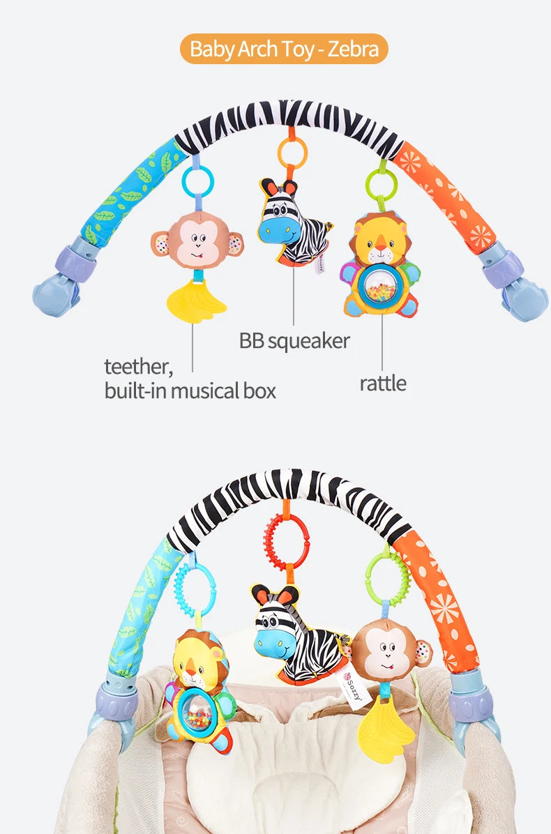 Adjustable Baby Activity Arch with Clamp-On Animal Toys, Colorful Stroller Play Bar for Supervised Sensory Exploration and Baby Shower Gifts