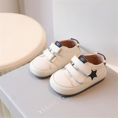 Toddler Star Sneakers with Double Hook-and-Loop Straps, Microfiber Leather Baby Boys and Girls Casual Shoes in Red Silver or Dark Blue, Sizes 15-27