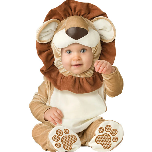 Baby Lion Costume Romper with Mane Hood and Paw-Print Feet, Flannel Animal Jumpsuit for Infants and Toddlers 3-36 Months, Halloween and Photos