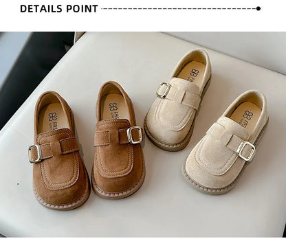 Girls Buckle Loafers with Rounded Toe and Stitched Detail, Brown or Khaki Casual Flats for School Outfits, Spring and Fall Days