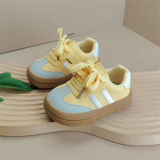 Pastel Toddler Lace-Up Sneakers with Contrast Side Stripes and Tan Soles, Baby Boys and Girls Casual Spring Shoes in Green Yellow or Pink