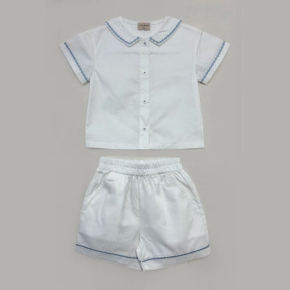 Matching Sibling Clothes with Classic Blue Trim, Shirts, Shorts, Overalls, Dresses and Cardigan Options for Baby Boys, Girls and Kids
