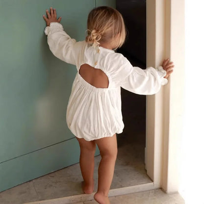 White Long Sleeve Baby Romper with V-Neck Lace and Open-Back Detail, Nordic-Inspired One-Piece Outfit for Family Photos, Sizes 66-100cm