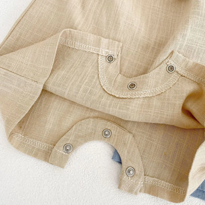 Baby Wrap Romper in Linen Cotton with Short Sleeves and Side Ties, V-Neck Summer One-Piece Outfit for Boys and Girls in Four Color Options