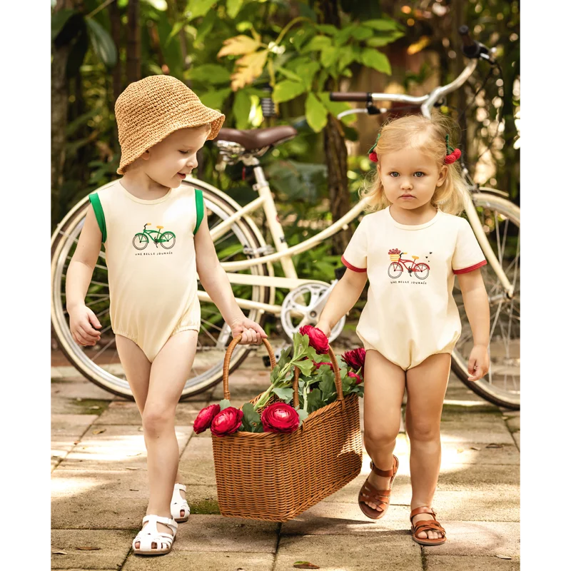 Bicycle Print Sibling Matching Outfits, Cream Girls Dresses and Tops with Red Skirts, Boys Green Shorts and Baby Rompers for Family Photos