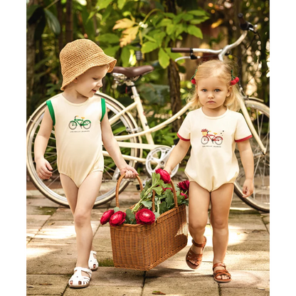 Bicycle Print Sibling Matching Outfits, Cream Girls Dresses and Tops with Red Skirts, Boys Green Shorts and Baby Rompers for Family Photos