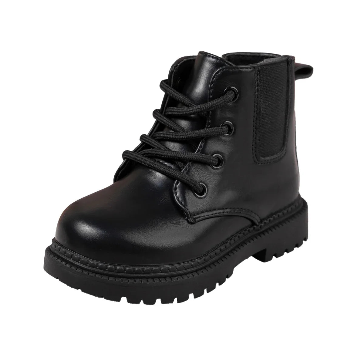 Kids PU Leather Combat Ankle Boots with Lace-Up Front, Side Zipper and Black Chunky Soles, Boys and Girls Fall Winter Shoes in Sizes 21-30
