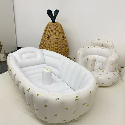 Portable Baby Bath Tub with Built-In Air Pump, Inflatable PVC Bathtub in Animal and Olive Prints for Home Bathing and Family Travel