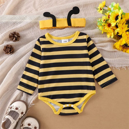 Infant Girl Bee and Ladybug Dress Set with Long Sleeve Cotton Blend Romper, Embroidered Suspender Skirt and Matching Headband, 0-18 Months