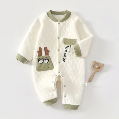 Quilted Baby Snap-Front Romper with Cartoon Dog or Dinosaur Details, Long Sleeve Footless Jumpsuit with Contrast Cuffs for Infant Everyday Outfits