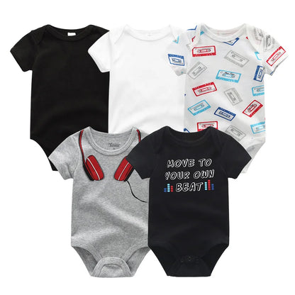 Infant Cotton Bodysuits 5-Pack with Short Sleeves and Envelope Shoulders, Solid Colors and Playful Prints for Baby Boys and Girls, Sizes 3M-12M