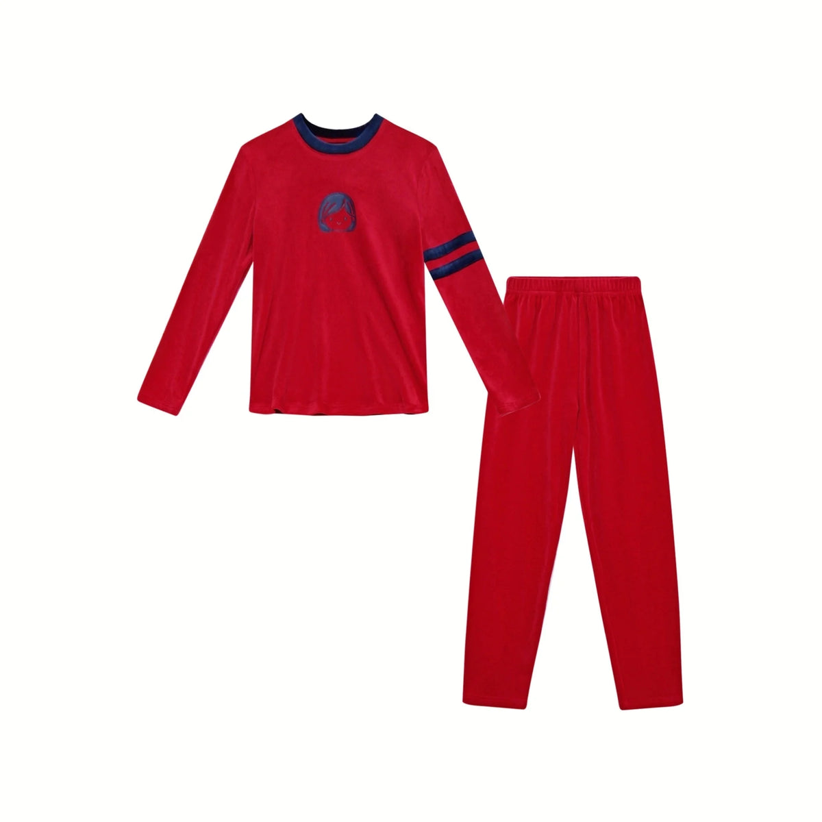 Kids Velour Pajamas with Printed Face Motifs, Red and Navy Long Sleeve Lounge Sets with Baby Footie and Teen Dress Options for Coordinated Outfits