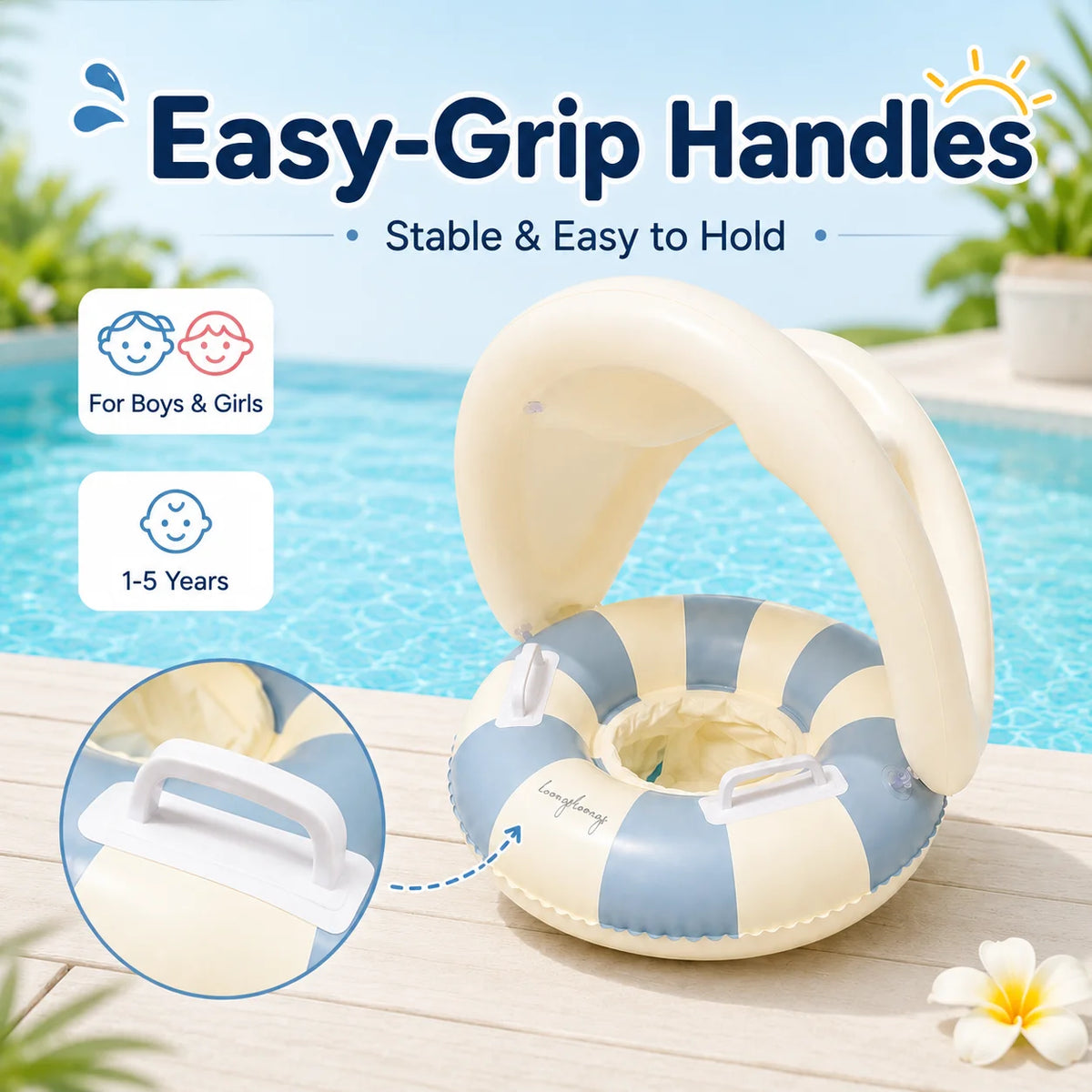 Inflatable Baby Pool Float Seat with Detachable Canopy and Easy-Grip Handles, Retro Striped Swim Ring for Supervised Summer Water Play