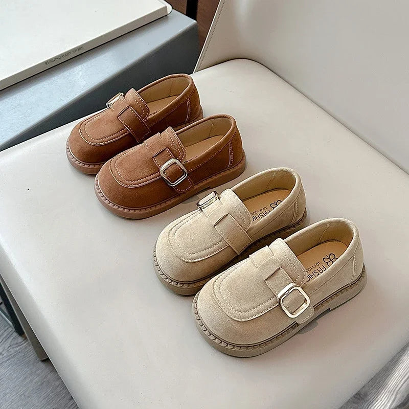 Girls Buckle Loafers with Rounded Toe and Stitched Detail, Brown or Khaki Casual Flats for School Outfits, Spring and Fall Days