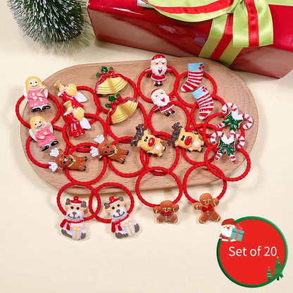 Christmas Hair Ties for Girls, 20-Piece Red Elastic Ponytail Holder Set with Santa, Reindeer, Bells and Festive Charms for Holiday Hairstyles