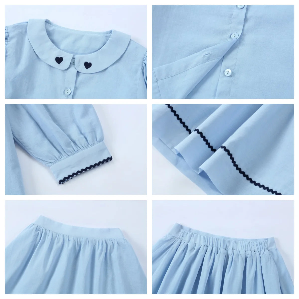 Light Blue Sibling Matching Outfits with Cotton Girls Collared Dresses, Baby Rompers and Boys Plaid Sets, Lyocell Knit Tops and White Separates
