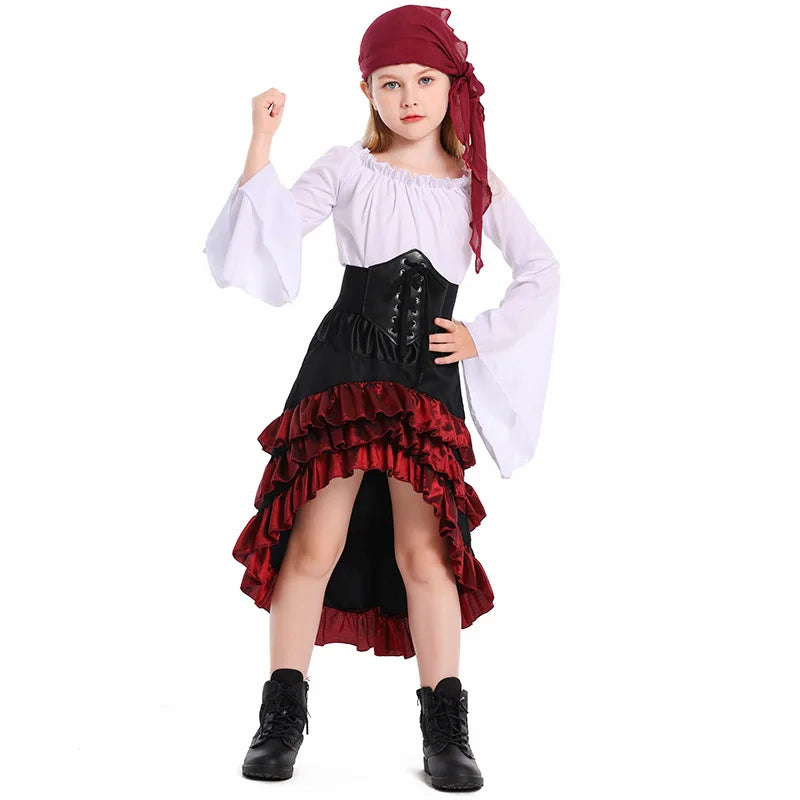 Girls Pirate Costume Set with Bell Sleeve Blouse, High-Low Skirt, Head Scarf and Lace-Up Waistband for Halloween and Dress-Up Parties