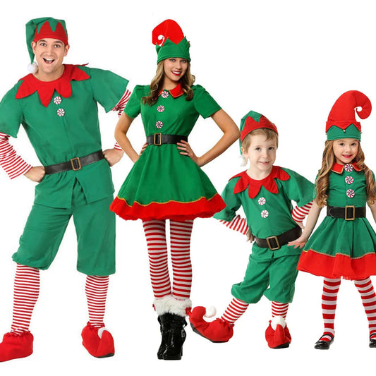 Christmas Elf Costumes for Kids and Adults, Green and Red Matching Family Dress and Pants Outfit Styles with Striped Details for Holiday Parties