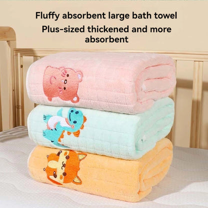 Coral Fleece Baby Bath Towel with Cute Animal Motifs, Soft Thickened Bath Wrap for Supervised Newborn Drying in Four Character Styles