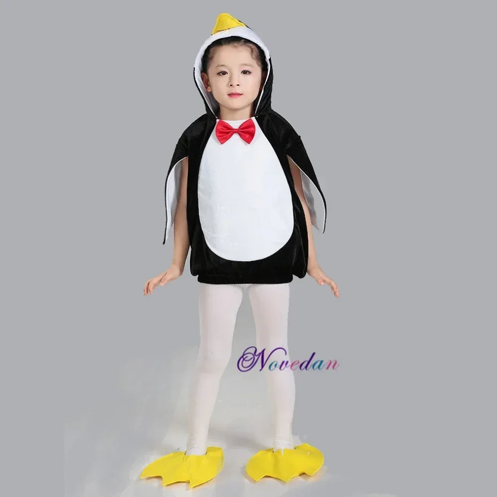 Kids Penguin Costume with Hooded Black-and-White Outfit, Wing-Style Sleeves and Red Bow Detail for Halloween, Birthdays and Animal Dress-Up