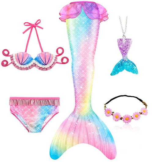 Girls Mermaid Tail Swimsuit Set with Top, Bottoms, Flower Garland and Necklace, Colorful Scale-Print Costume with Optional Monofin Package