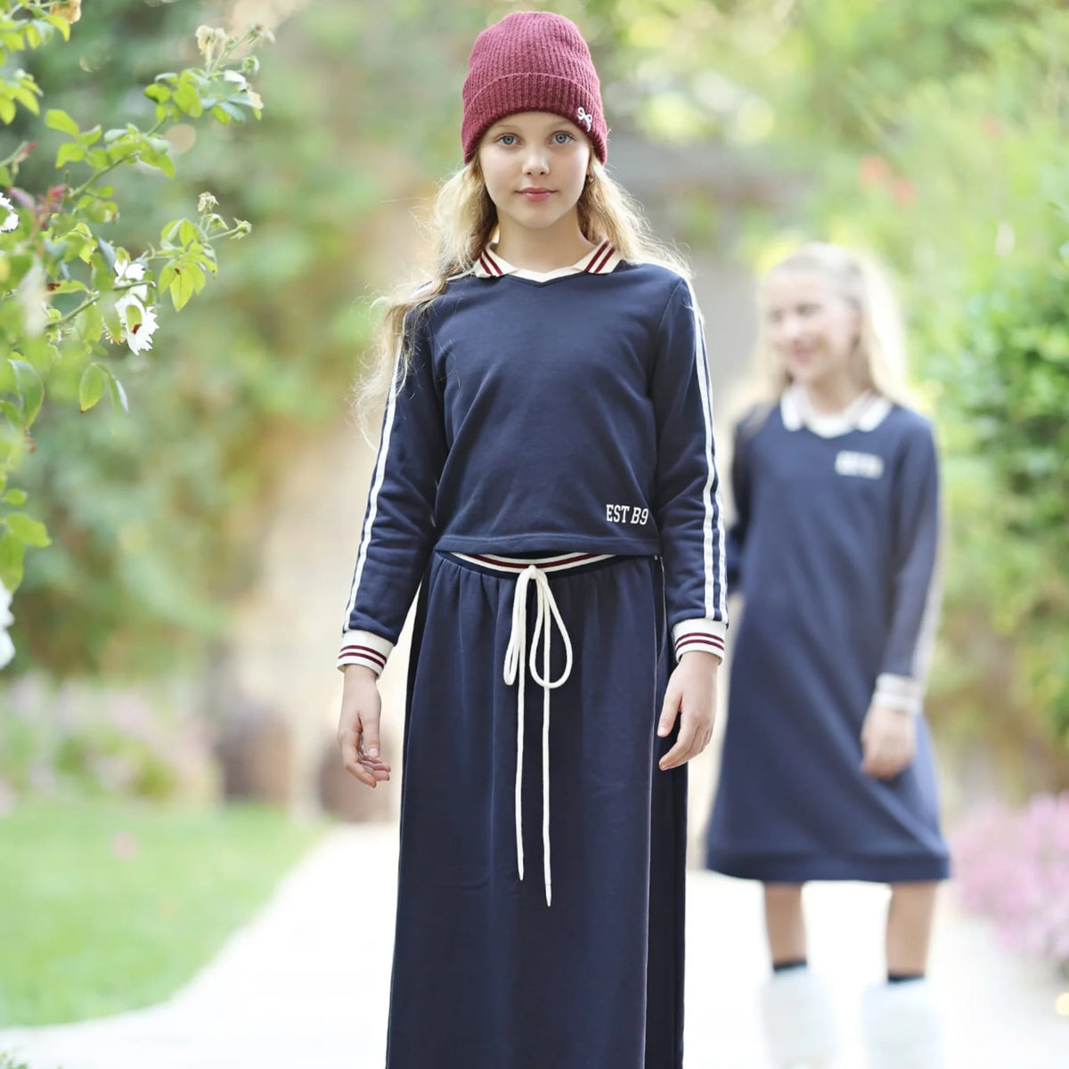 Navy Collared Kids Matching Outfits with Striped Trim, Boys Sweatshirt, Girls Dress and Skirt Set Options for Sibling Photos and Fall