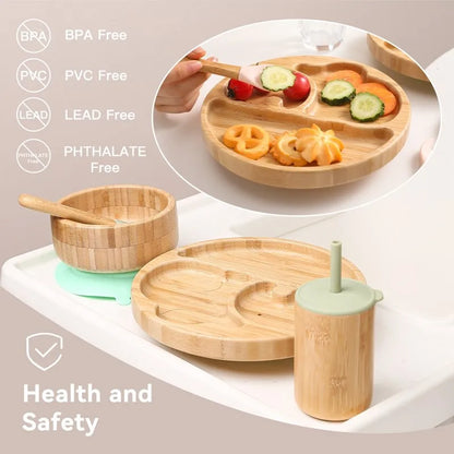 Bamboo Baby Tableware Set with Animal Plate Designs, Bowl, Cup and Wooden-Handle Utensil Options for Supervised Infant and Toddler Mealtimes