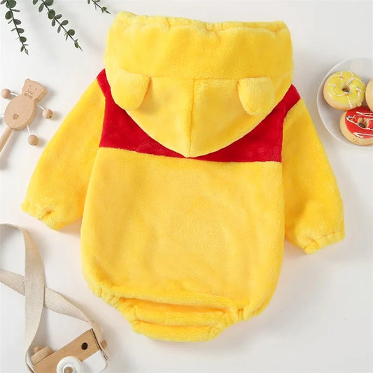 Yellow Bear Baby Costume Romper, Plush Hooded Long Sleeve Bodysuit with Rounded Ears, Red Chest Panel and Bottom Snaps for Halloween Photos