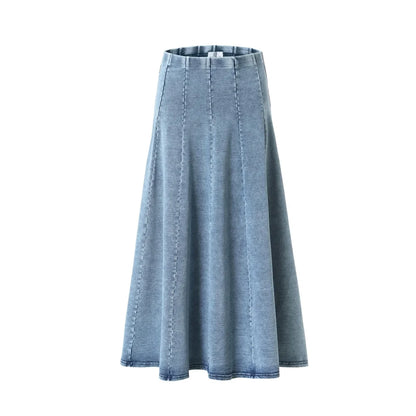 Denim Panel Pleated Skirt for Girls, Teens and Women, Washed Blue and Gray Cotton Styles with Black Jersey Option for Everyday Casual Outfits