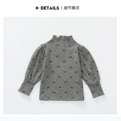 Girls High Neck Long Sleeve Shirt with Allover Bow Print, Beige or Gray Layering Top for Everyday Fall and Winter Outfits and Family Gatherings