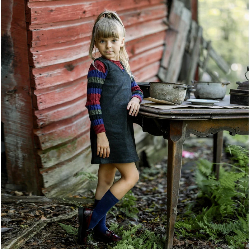 Striped Cable Knit Sibling Outfits with Dark Denim Jumper Dresses, Skirts and Pants, Coordinating Boys Girls Sweaters and Baby Romper Options