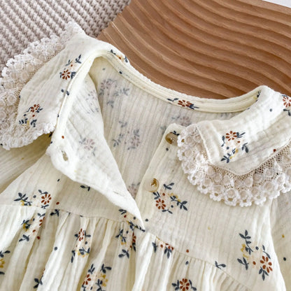 Lace Collar Baby Girl Romper with Bonnet, Cream Floral Long Sleeve Bubble One-Piece and Matching Hat for Spring Photos, Sizes 66-90