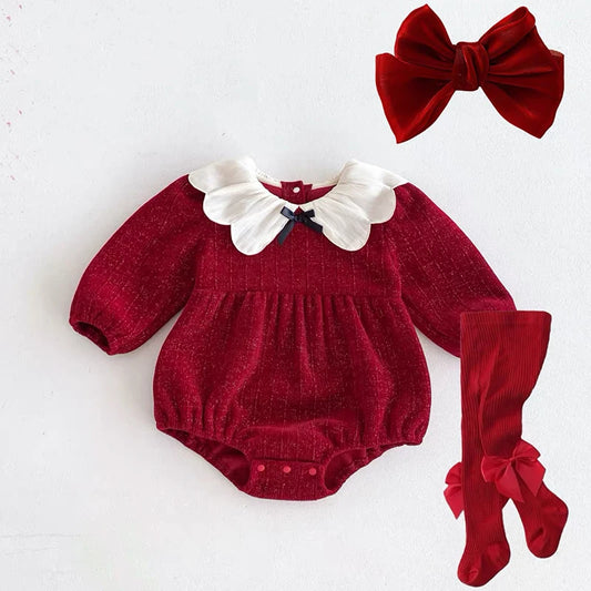 Baby Girl Christmas Romper with Petal Collar Style Options, Red and White Infant Holiday Outfit Designs for Family Photos, Sizes 66-90