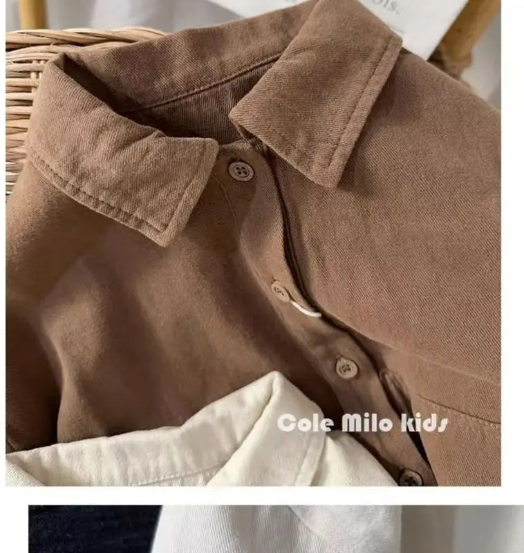 Baby and Toddler Collared Button-Up Shirt with Long Sleeves and Chest Pocket, Beige or Brown Unisex Casual Top for Spring and Fall Family Outfits