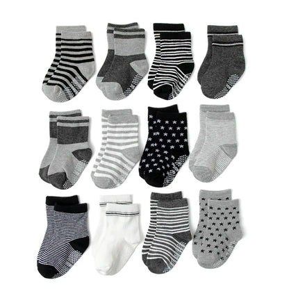 Cotton-Rich Baby Non-Slip Socks 12-Pair Pack, Crew Grip Socks with Ribbed Cuffs and Stretch Fit for Infant and Toddler Boys and Girls