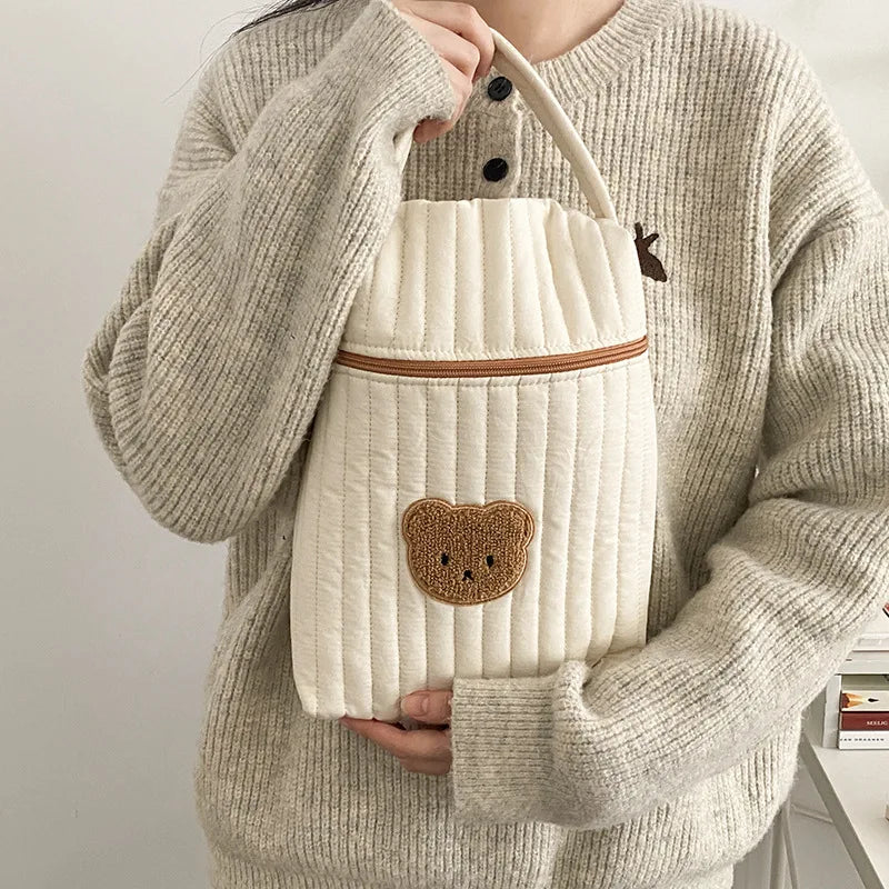 Quilted Diaper Bag with Bear Applique, Beige Cotton Zippered Baby Essentials Organizer with Carry Handle for Moms and Everyday Outings