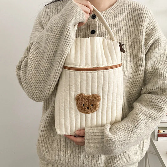 Quilted Diaper Bag with Bear Applique, Beige Cotton Zippered Baby Essentials Organizer with Carry Handle for Moms and Everyday Outings