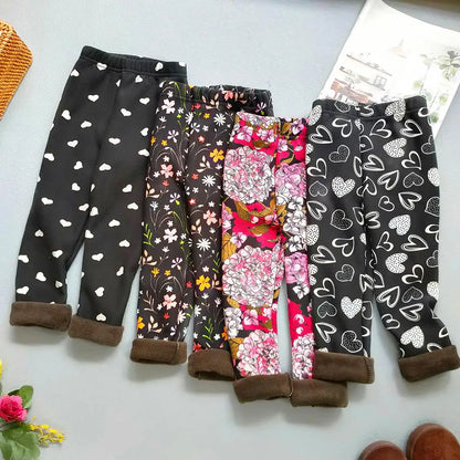 Printed Lined Leggings for Girls, Plush-Textured Winter Pants with Floral Heart and Pattern Options for Toddler and Kids Outfits, Sizes 2-3T to 10-11