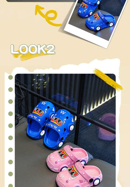 Kids Light-Up Car Clogs with Glowing Wheel Details, Ventilated Closed-Toe Design and Pivoting Heel Strap for Playful Summer Casual Outfits