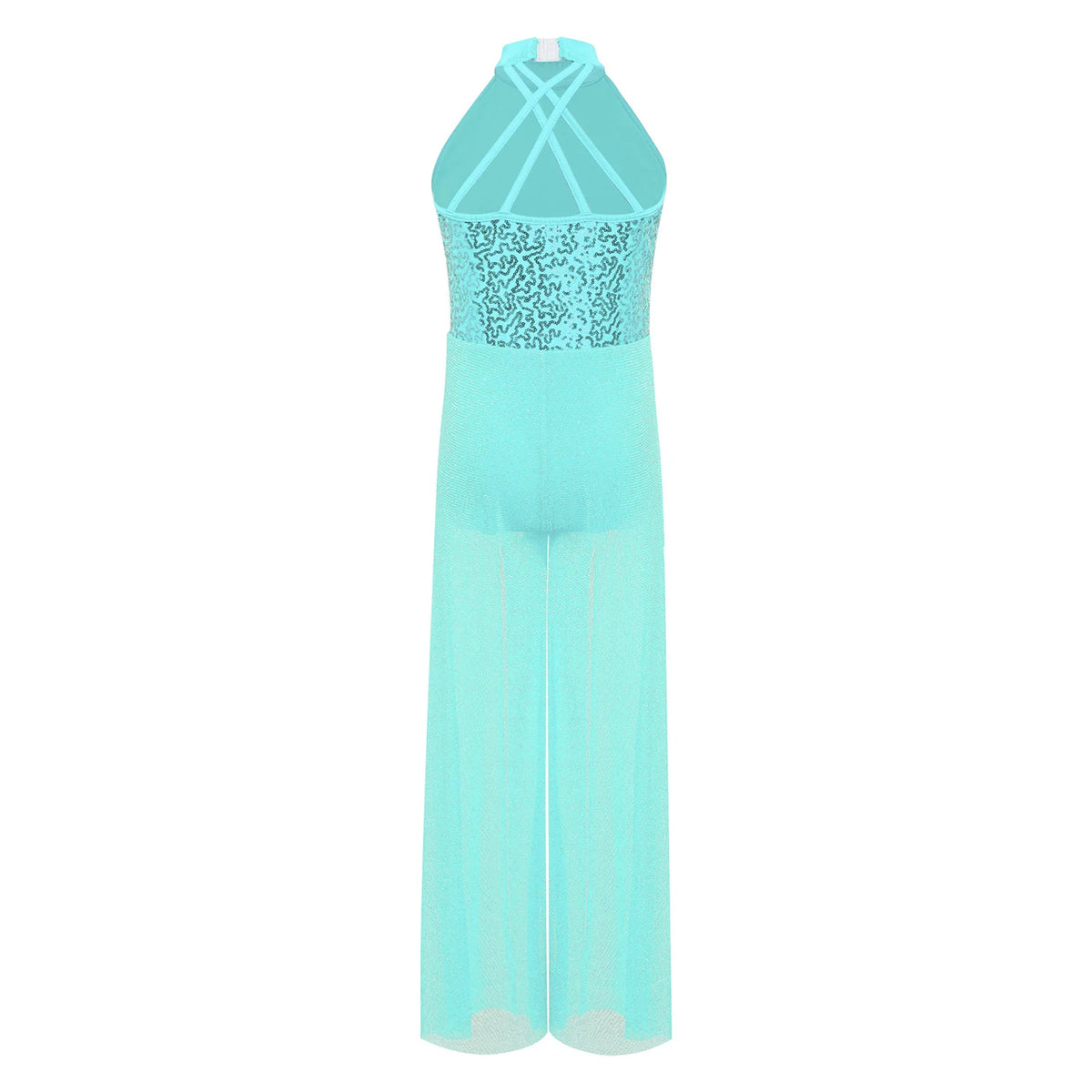 Girls Sequin Dance Jumpsuit with Split Wide-Leg Mesh, Sleeveless Mock Neck and Crisscross Back for Lyrical Recitals and Stage Performances