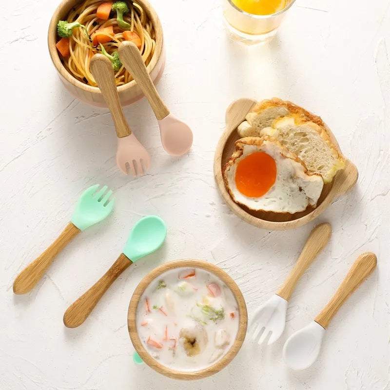 Bamboo Baby Tableware Set with Animal Plate Designs, Bowl, Cup and Wooden-Handle Utensil Options for Supervised Infant and Toddler Mealtimes