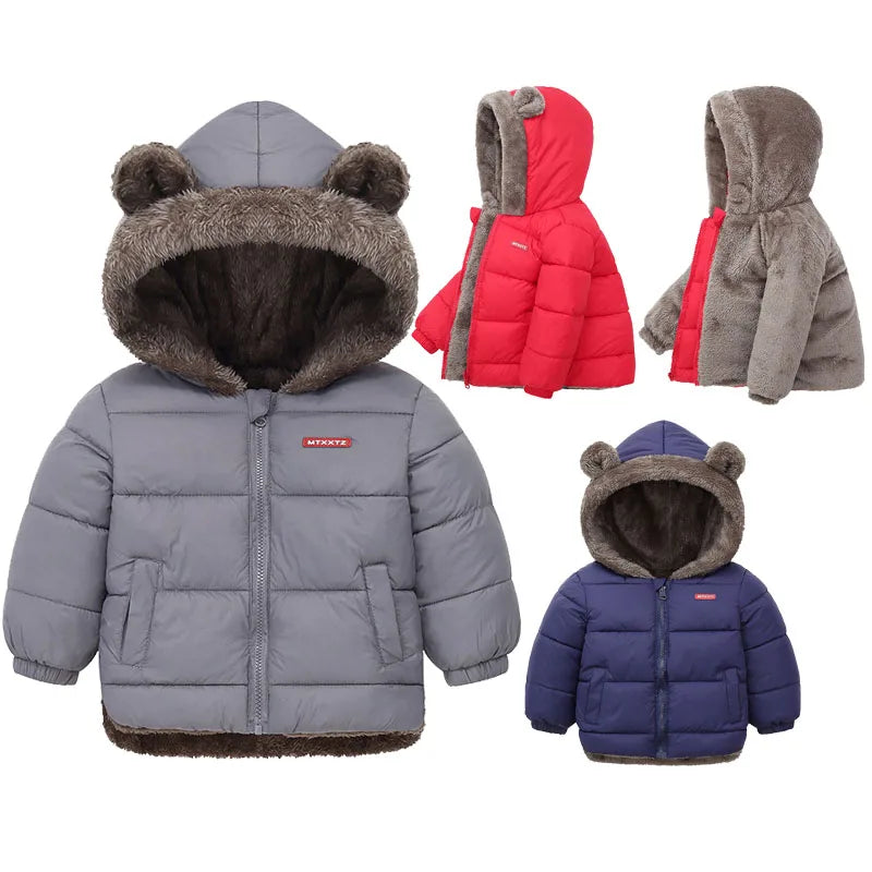 Toddler Bear Ear Hooded Jacket with Plush-Look Lining and Quilted Zip-Up Design, Kids Winter Outerwear for Boys and Girls in Sizes 24M-6T