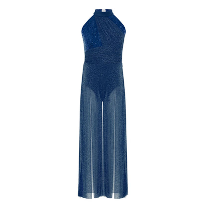 Girls Sequin Dance Jumpsuit with Split Wide-Leg Mesh, Sleeveless Mock Neck and Crisscross Back for Lyrical Recitals and Stage Performances