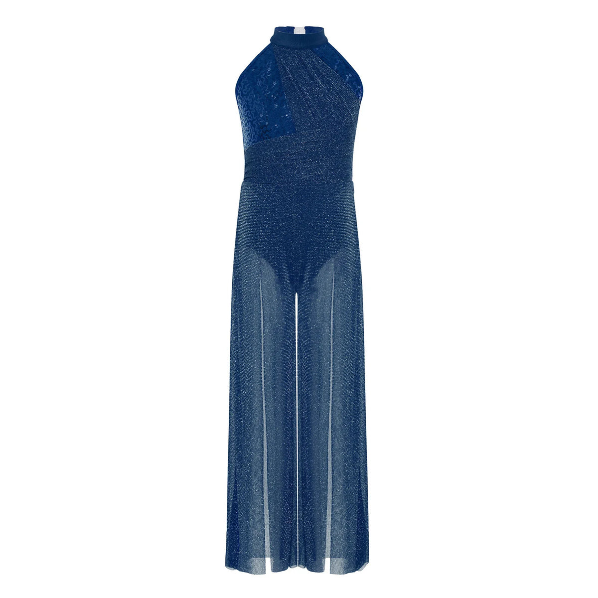 Girls Sequin Dance Jumpsuit with Split Wide-Leg Mesh, Sleeveless Mock Neck and Crisscross Back for Lyrical Recitals and Stage Performances