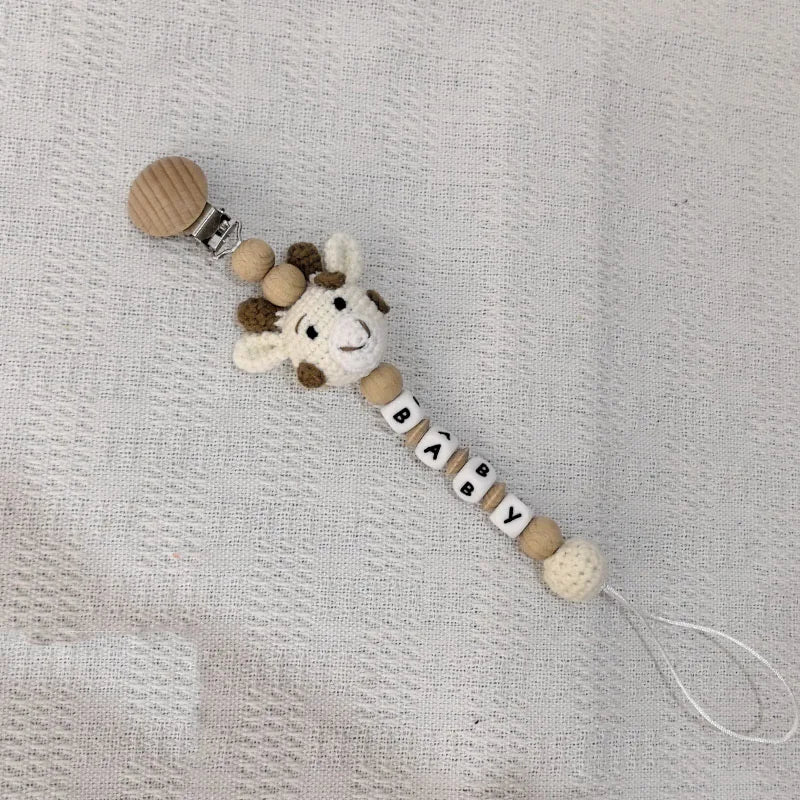 Custom Name Pacifier Clip with Crochet Animal Detail, Beech Wood Holder and Letter Beads, Personalized Baby Shower Gift for Everyday Outings