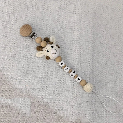 Custom Name Pacifier Clip with Crochet Animal Detail, Beech Wood Holder and Letter Beads, Personalized Baby Shower Gift for Everyday Outings