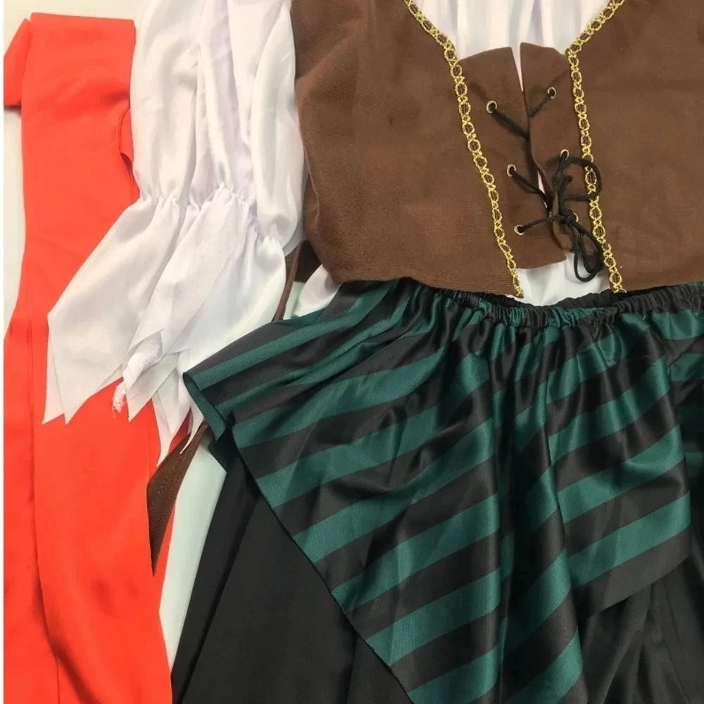 Pirate Captain Cosplay Outfit for Adults, Men’s Pants or Women’s Skirt Costume with Head Scarf and Vest for Halloween and Carnival
