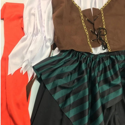 Pirate Captain Cosplay Outfit for Adults, Men’s Pants or Women’s Skirt Costume with Head Scarf and Vest for Halloween and Carnival