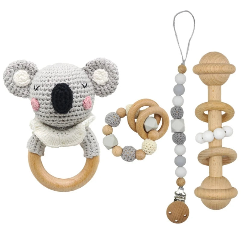 Crochet Animal Rattle Set with Wooden Ring and Coordinating Accessories, Rabbit, Deer and More Designs for Supervised Play and Baby Shower Gifts